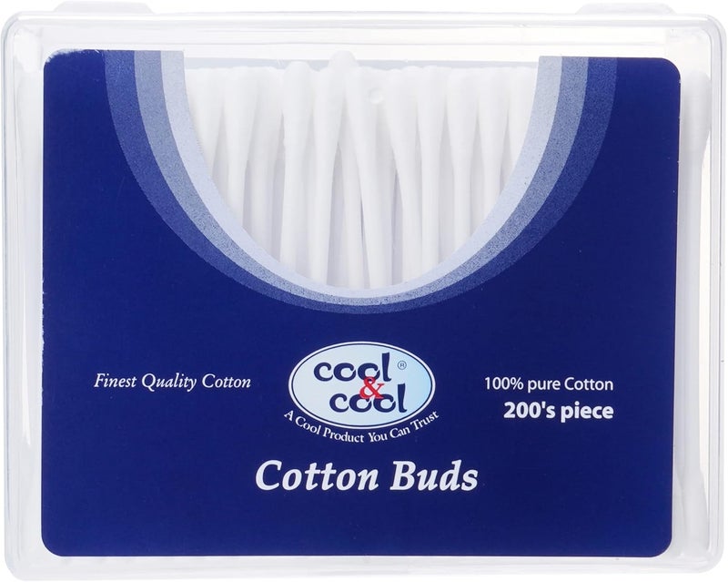 Cool & Cool عصي قطن كول وكول - 200 قطعة، 100% قطن نقي، طرفان، مسحات أذن صحية - Image 1